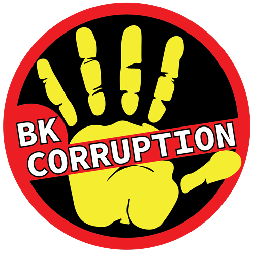 BK Corruption badge featuring a yellow raised hand inside a red circle with BK Corruption text.