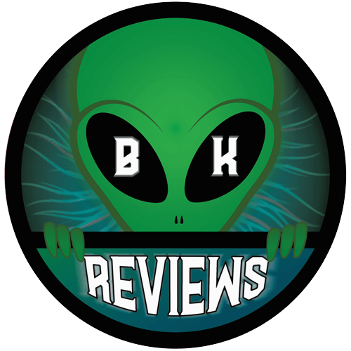 BK Reviews badge featuring a green alien with B and K in its eyes, holding a Reviews sign.