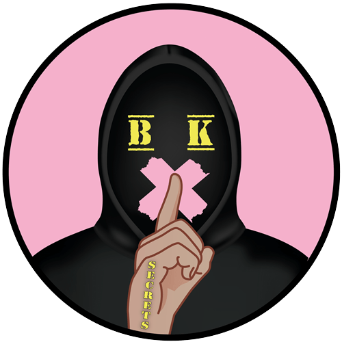 BK Secrets badge featuring a hooded figure with BK eyes, pink tape over its mouth and a finger raised to its lips